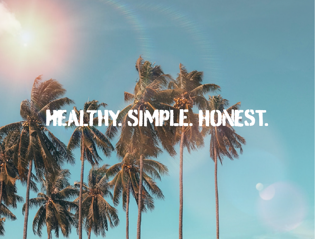 Palm trees with the words, healthy, simple, honest. Blog. Best ways to combat stress and anxiety with maximum effectiveness.